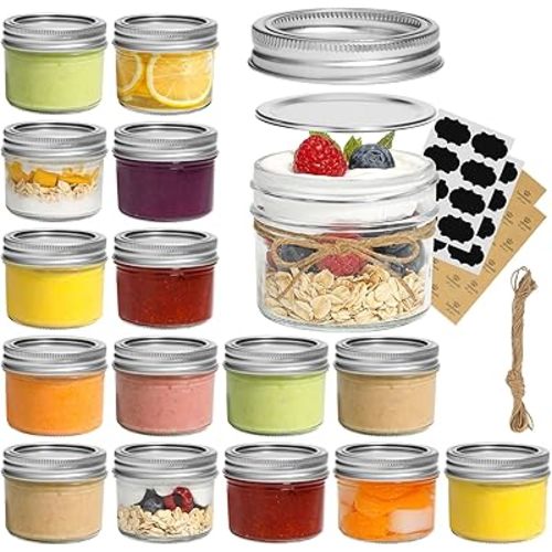 ComSaf Mini Mason Jars 4oz - 16 Pack, Regular Mouth Mason Jar with Lids and Seal Bands, Small Glass Canning Jar for Spice, Jam, Honey, Jelly, Dessert, Shower Wedding Favors, DIY Candles Decor