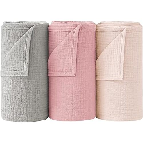 Bearmoss Muslin Swaddle Blankets 100% Cotton Large Baby Swaddle Blankets 47x47in, Super Soft Breathable Receiving Blankets for Unisex Baby Boys Girls (3Pack Rosy Gray)