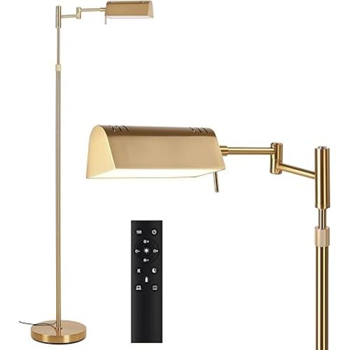 SUNMORY Dimmable LED Pharmacy Floor Lamp, 16W/1500LM Bright Reading Floor Lamp with Remote & Touch Control, 350°Swing Arm, Adjustable Task Craft Standing Lamp for Living Room Bedroom Office, Gold