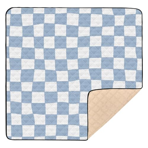 KICPOAY Baby Play Mat Distorted Blue Check Plaid 50 x 50 Playpen Mat Baby Play Mats for Floor Play Gym Crawling Mat Non-Slip Cushioned Baby Playmat for Infants, Babies, Toddlers