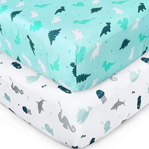 Crib Sheets for Boys or Girls 2-Pack, Fitted Sheet 52'' x 28'' Standard & Toddler Mattres, Soft and Breathable Material, Baby Neutral, Dinosaurs Ocean