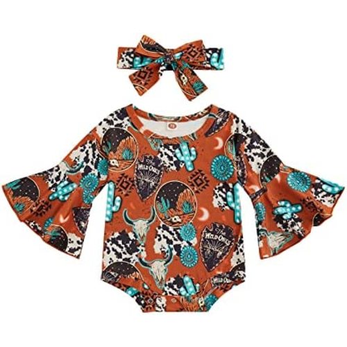 Qiylii Highland Cow Baby Romper Clothes Christmas Infant Girls Heifer Cow Print Flare Long Sleeve Jumpsuit Headband