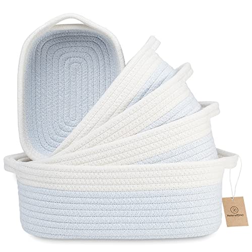 NaturalCozy 5-Piece Rectangle Storage Basket Set- Natural Cotton Rope Woven Baskets for Organizing! Small Basket for Montessori, Baby Nursery, Dog Toy Baskets, Cat Toy Box, Bathroom Organization Bin