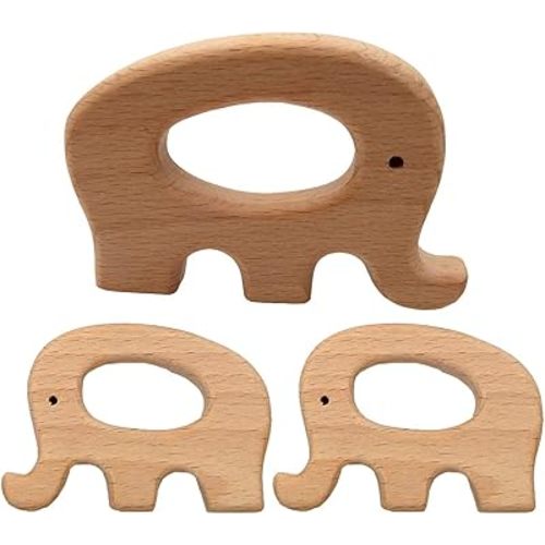 10pcs Natural Wooden Elephant Teether Toys Pendant Pure Natural Beech Wood Animal Teething Shape for Handmade Necklace/Bracelet (Elephant 10pcs)