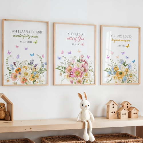 Set Of 3 Christian Nursery Decor Butterfly Nursery Poster Bible Verse Wall Art Flowers And Butterfly Wall Art Scripture Poster Flower Art, Poster Only