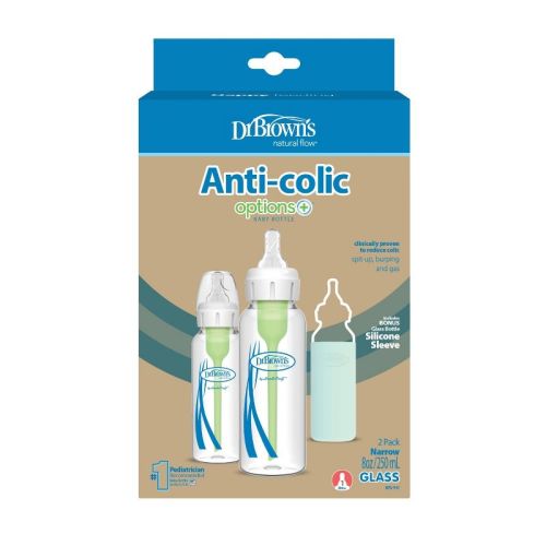 Dr. Brown's 8oz Anti-Colic Options+ Narrow Glass Baby Bottle with Level 1 Slow Flow Nipple & Silicone Sleeve - 2pk