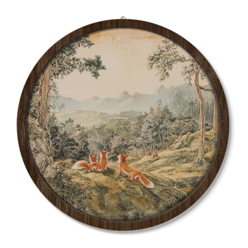 VONTP Vintage Rustic Fox Wall Art Decor, Cottagecore Forest Animal Landscape Wooden Wall Hanging Decor for Farmhouse Home Bedroom Living Room Cabin, 9.8x9.8 Inch