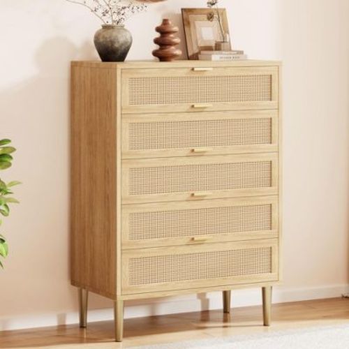 Rattan 5-Drawer Dresser, 44" Tall Narrow Farmhouse Chest with Wood Finish, Metal Legs & Gold Handles, Vertical Storage Cabinet, Oak