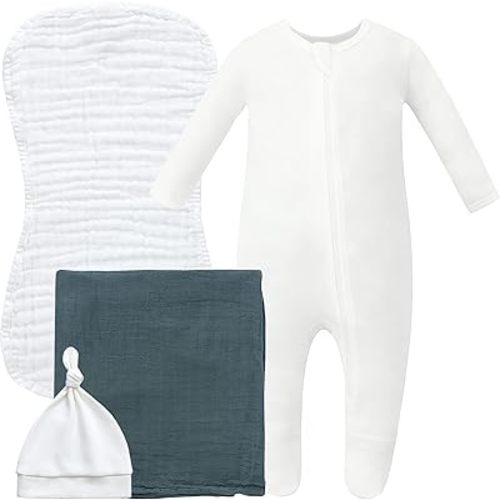 Owlivia Organic Take Me Home Outfit Set, Newborn Baby Boy Girl Footed Pajama Hat and Muslin Blanket Gift Set,3 Pcs