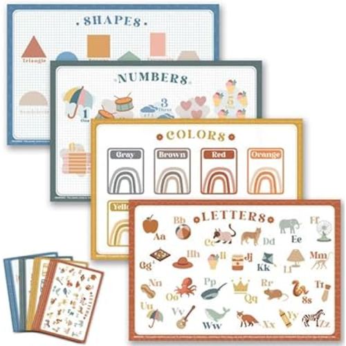 Babebay Disposable Placemats for Baby, 60 Pack Sticky Toddler Placemat for Restaurants, Dining Table, Party, Travel, 12" x 18" with 4 Designs
