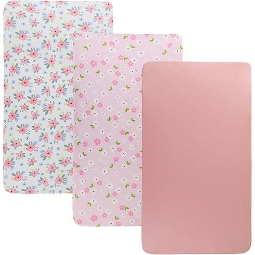 Onacosht Stretchy Bassinet Sheets 33" x 19" Compatible with Mika Micky, KoolaBaby (3 in 1), BabyBond, HARPPA and RICUTON Bedside Bassinet, 3 Pack for Baby Boy and Girl, Pink Floral
