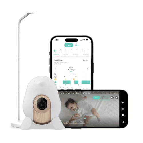 CuboAi New Model Smart Baby Monitor 3: Sleep Safety Alerts for Covered Face Rollover, 2.5K QHD Night Vision WiFi Camera, 2-Way Audio, Humidity Sensor, Lullabies. App Control (Floor Stand Set)