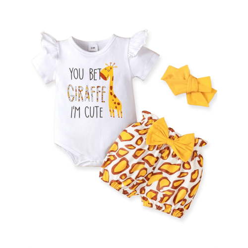 PatPat Baby Girl Romper and Shorts with Headband Outfits Set, Sizes 3-6 Months