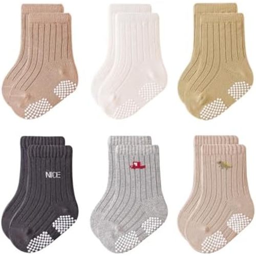 VWU Baby Toddler Socks with Grips Kids Girl Boy Crew Ankle Socks Cotton Anti Slip 0-6T 6/9 Pack