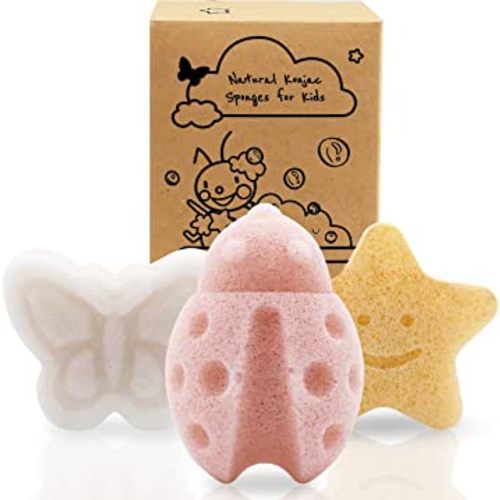 myHomeBody Konjac Baby Sponge for Bathing, Cute Shapes Natural Kids Bath Sponges for Infants, Toddler Bath Time, Natural and Safe Plant-Based Toys, 3pc. Set: Butterfly, Ladybug, Star