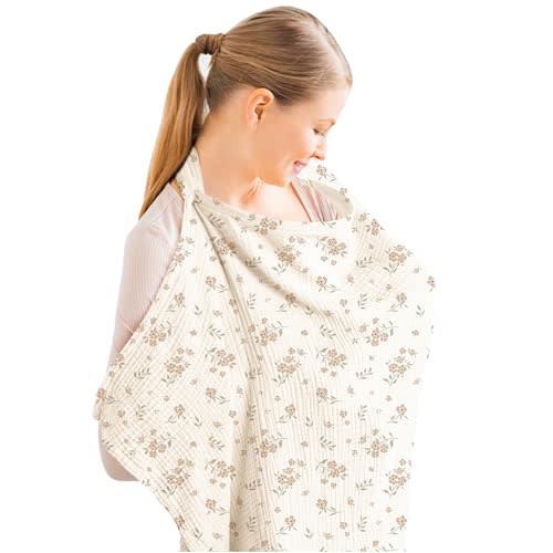 Konssy Muslin Nursing Cover for Baby Breastfeeding, Breathable 100% Cotton Breastfeeding Cover with Rigid Hoop for Mother Nursing Apron, Multi-use Carseat Canopy (Blossom)