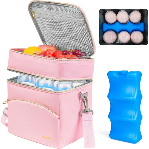 Breastmilk Cooler Bag with Ice Pack, Insulated Baby Bottle Tote Bags Fits 6 Baby Bottles Up to 9 Ounce, Double Layer Breastmilk Case