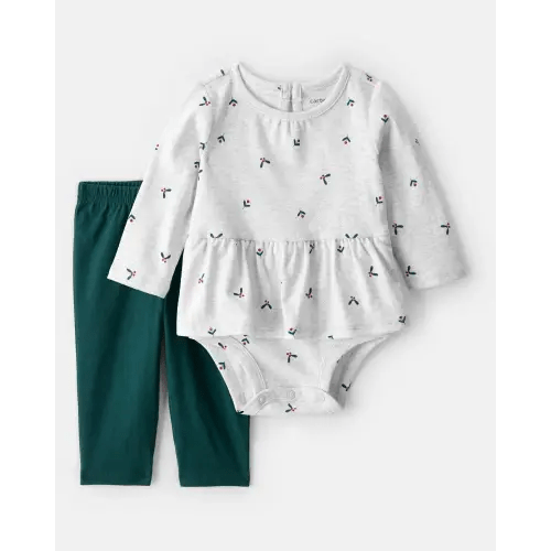 Baby Girl 2-Piece Bow Print Bodysuit & Pant Set - Grey | Carter's