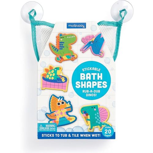 Mudpuppy Rub-a-Dub Dinos – 20 Stickable Dinosaur Themed Foam Shapes for Bath Time Entertainment with Mesh Storage Bag for Ages 2 and Up