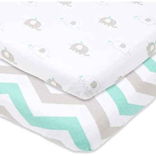 Cradle Sheets Fitted 18 x 36 – Fits Most Bedside Sleeper Bassinets Without Bunching Mattress Pad – Snuggly Soft Jersey Cotton – Grey, Mint, Chevron, Elephants – 2 Pack