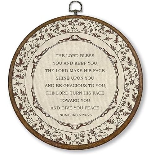 Qskjre Vintage Christian Flower Wall Art Decor, Retro Bible Verse Numbers 6:24-26 Round Wood Framed Canvas Wall Artwork, Religious Hanging Prints for Church Prayer Room Gallery Decorations, 10x10inch