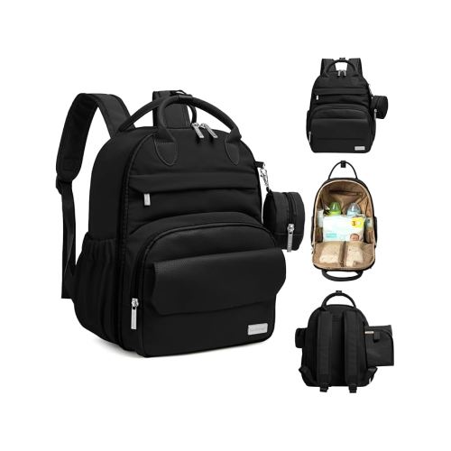 Diaper Bag Backpack - Multifunctional Travel Diaper Back Packs,Maternity Baby Changing Bags, Compact 12L Capacity, PU Leather, Waterproof, Unisex, Stylish Nappy Bag, Diaper Changing Pad (Trendy Black)