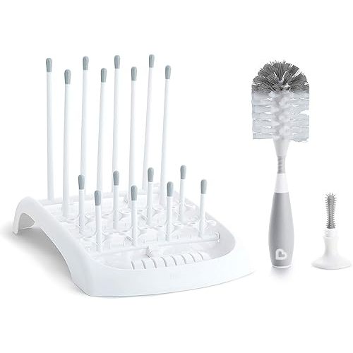 Munchkin Fold Baby Bottle Drying Rack and Bristle Bottle Brush Cleaning Essentials Set, White/Grey