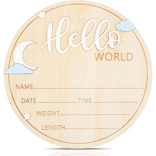 Wooden Hello World Newborn Sign – 5.9” Baby Birth Announcement Board with Star, Moon & Cloud Design – Welcome Name Sign Keepsake for Hospital Photos, Nursery Decor & Photo Prop