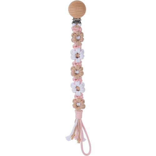 Pacifier Clip for Boys Girls Floral Daisy Macrame Baby Paci Clip Pacifier Holder Leash Boho Wooden Clips Handmade Braided Cotton Binky Clips (1pack:Khaki Style B)