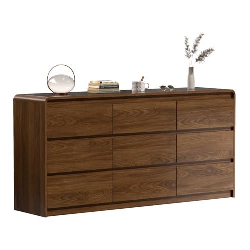 Oransail 9 Drawer Dresser, 63" Wide Walnut Dresser Chest of Drawers, Curved Anti-Collision & Anti-Tipping Design, Mid Century Modern Wooden Dresser for Bedroom, Living Room, TV Stand