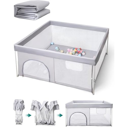 BABELIO Foldable Baby Playpen with Mat, 59" × 59" Portable Playard for Babies and Toddlers, No Assembly Required, Indoor & Outdoor Kids Safety Play Pen Area, Travel Fence, Grey