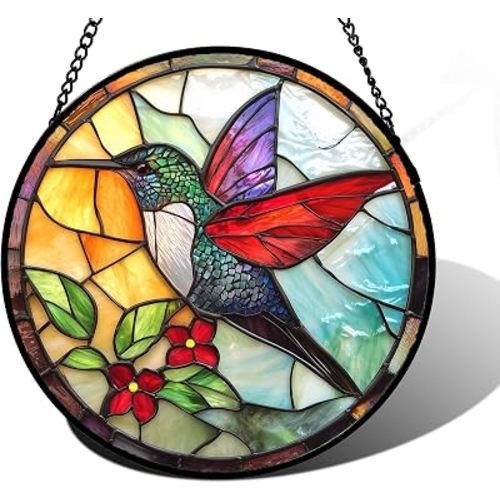 DASTOLL Stained Glass Window Hanging, Hummingbird Gifts Sun Catchers Diamond Glass Panel Hangings Birds Suncatcher Decor for Birthday for Women, Men, Wife, Aunt,and Mom 7.8X7.8IN