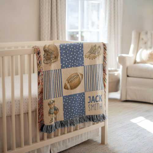 Personalized Boy Football Nursery Blanket, Sport Nursery Decor, Baby Shower Gift, Newborn Blanket, Custom Name Blanket