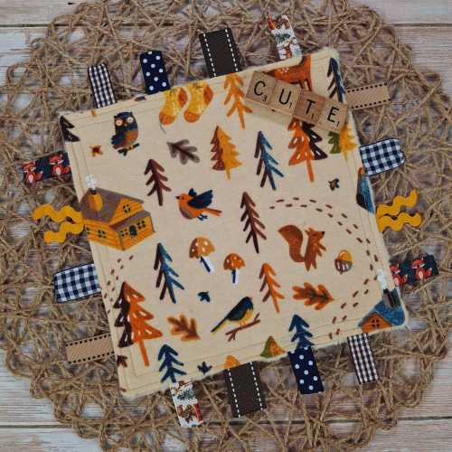 Woodland Mountain Cabin Crinkle Tag Toy, Baby Sensory Square