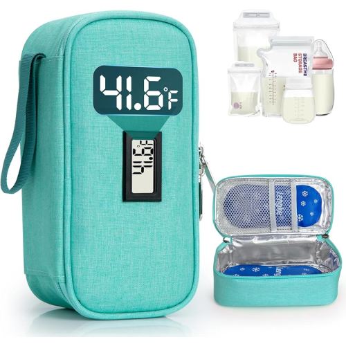 Breast Milk Cooler Travel Bag, Real-Time Temperature Display, Holds 4-6 Breastmilk Storage Bag with 2 Breast Milk Ice Pack, Cooling & Waterproof Portable Cooler for Moms on The Go(Light Green)