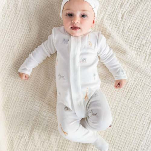white serene safari organic cotton magnetic parent favorite footie + hat set