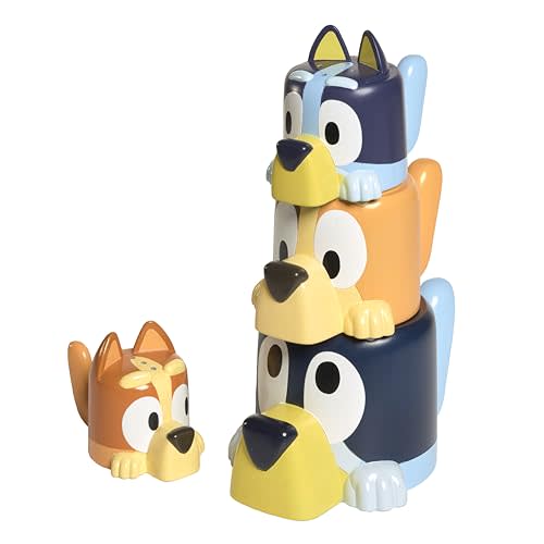 TOMY Toomies Bluey Bath Toys - Bluey's Family Pourers - Includes Chilli, Bandit, Bingo and Bluey Figures - Nesting and Stacking Cups for Bath, Beach or Pool - 4 Count - Ages 18 Months and Up