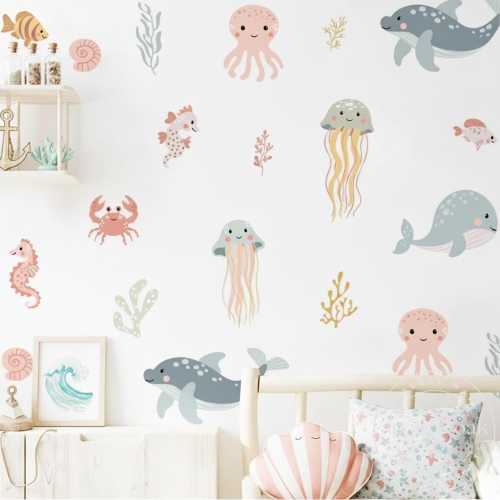 Boho Nursery OCEAN Sealife Nursery Wall Decal, Whale Fish Turtle Wall Decals, Boho Nursery Wall Decal Sticker, REMOVEABLE Wall Decal Sticker