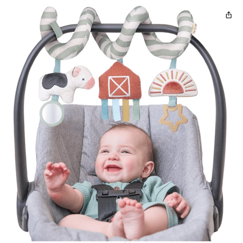 Itzy Ritzy Spiral Car Seat & Stroller Activity Toy - Stroller & Car Seat Toys for Ages 0 Months and Up - Hanging Toys Include Dangling Ring, Mirror and Textured Ribbons (Farm)