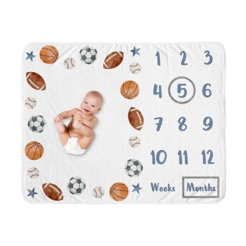 Sweet Jojo Designs Boy Baby Milestone Blanket Watercolor Sports Theme Blue Brown and Orange