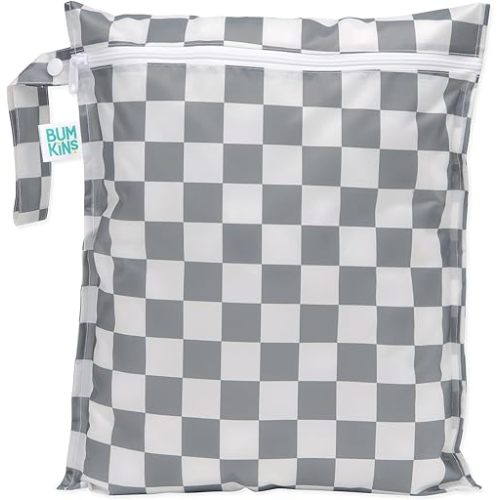 Bumkins Waterproof Wet Bag for Baby, Travel, Swim Suit, Cloth Diapers, Pump Parts, Pool, Beach, Gym Clothes, Toiletry, Hook to Stroller, Daycare, Zipper Reusable Wetdry Packing Pouch, Gray Check