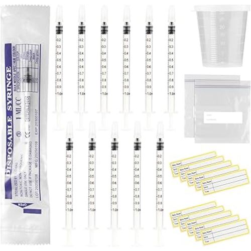 20 Sets 1ml Colostrum Syringes with Caps No Needle Colostrum Collector Kit Include 20pcs 1ml Sterile Syringes, 20 Labels, 2 Storage Bags and 1 Measuring Cup