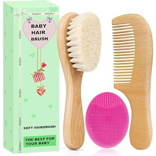 Baby Hair Brush with Wooden Handle and Comb Set for Newborns & Toddlers | Natural Soft Goat Bristles l Wood Comb l Rose Red Cradle Cap Brush | Ideal for Cradle Cap (3 Piece)