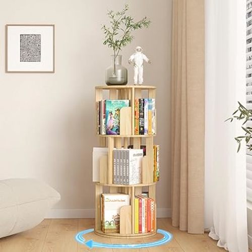 YGYQZ Kids Rotating Bookshelf, 3 Tier Floor Standing Bookcase Solid Wood for Kids & Adult 360 Display Narrow Book Shelf Organizer Storage Rack for Bedroom, Living Room, Study Room (3 Tier-Wood)