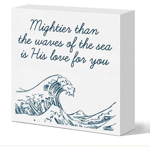 Christian Nursery Desk Decor, Bible Verse Ocean Nursery Decorations Scripture Religious Decor for Home Kids Bedroom Table Sign Baptism Christening Gift for Boy Girl, Mightier Than The Waves of The Sea