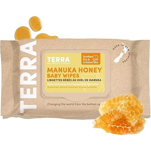 Terra Bamboo Baby Wipes: Manuka Honey, 99.5% Pure New Zealand Water, 100% Biodegradable Bamboo Fiber, 0% Plastic, Unscented Baby Wipes for Sensitive Skin, 1 Pack of 70 Wipes