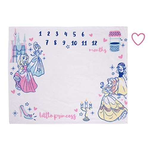 Disney Princess Pink, Aqua, Yellow & White Super Soft Milestone Baby Blanket, Pink, Aqua, Yellow, White