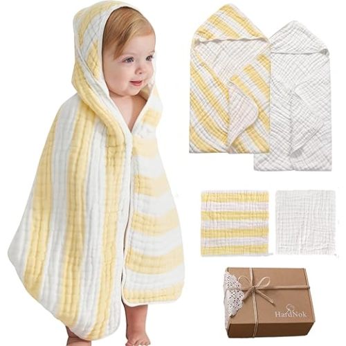 HardNok 4-Pack Muslin Hooded Baby Bath Towel Set - 100% Organic Cotton, (2) 6-Layer 32x32 Towels & (2) Washcloths, Newborn & Infant Gift Set (Yellow Striped & White)