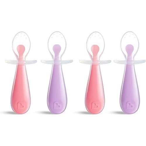 Munchkin® Silicone Scoop™ Trainer Spoons with Choke Guard for Baby Led Weaning, 4 Count, Pink/Purple