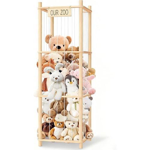 Stuffed Animal Display Shelf Organizer Wooden Zoo Cage Design for Large Plush Toy Storage, Kids Room & Bedroom Decor